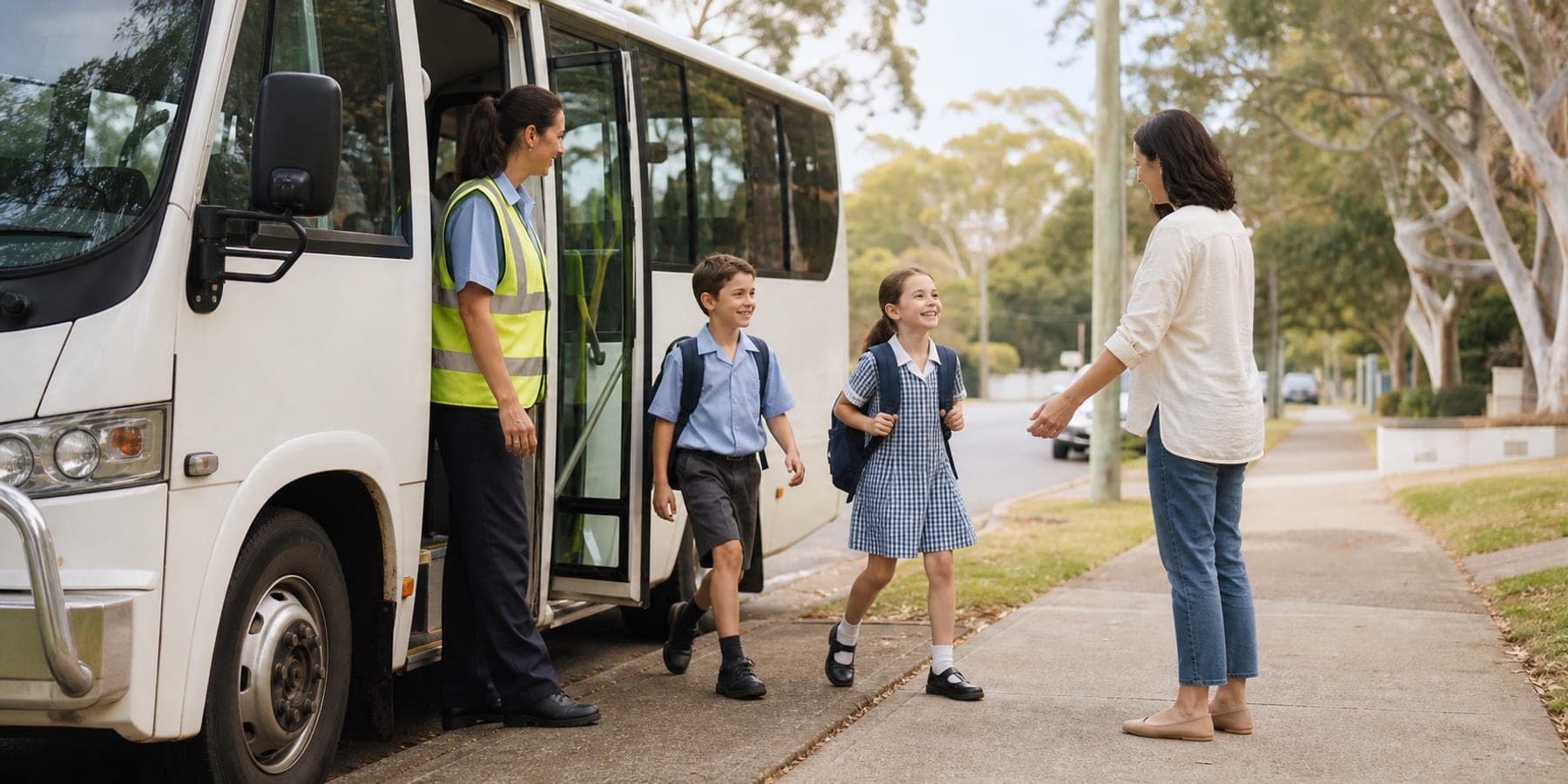 A school transport attendant supervises two children leaving a minibus to meet their mother in Australia.