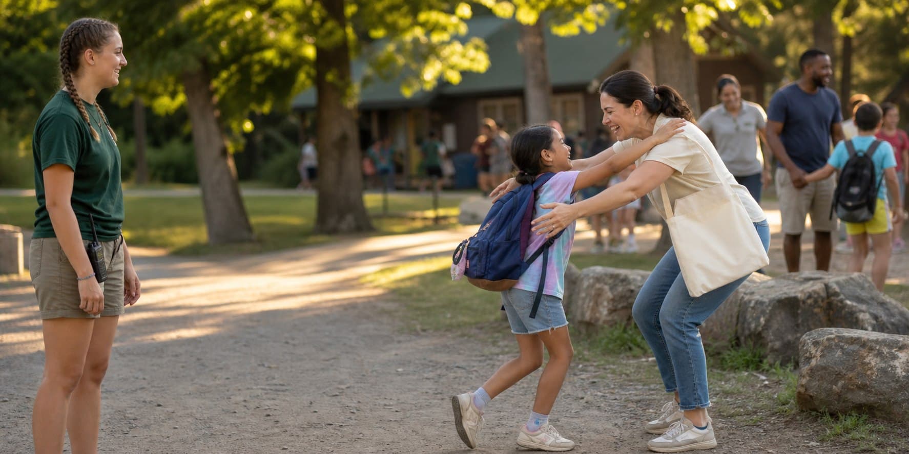 A camp counselor supervises as a child reunites with their parent at collection.