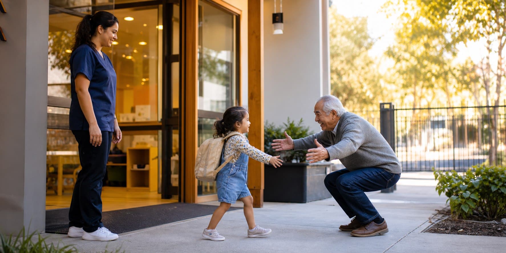 A childcare professional supervises as a young child reaches their expected grandparent.