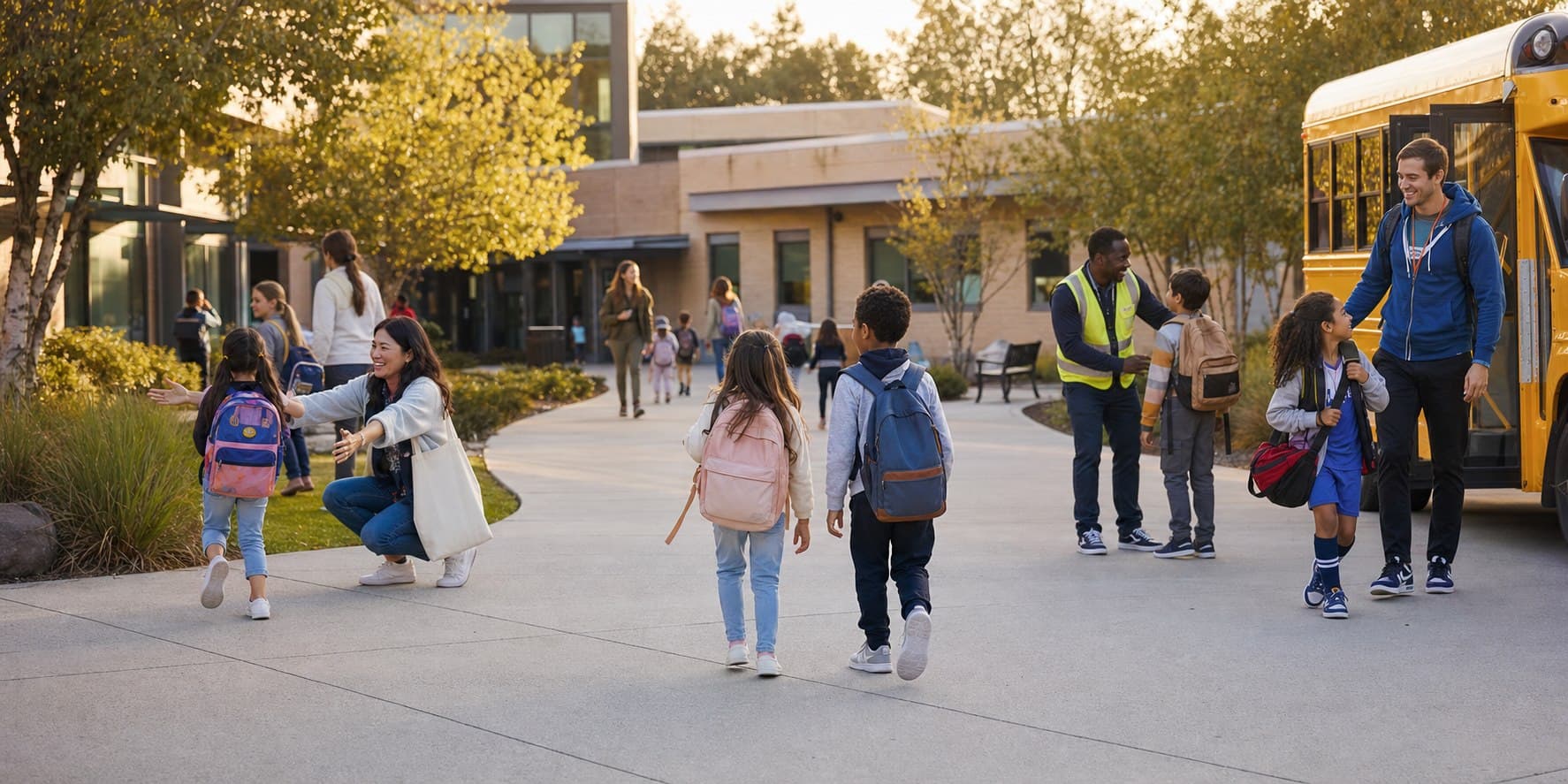 Children leave a shared campus toward families, transport and supervised activities.
