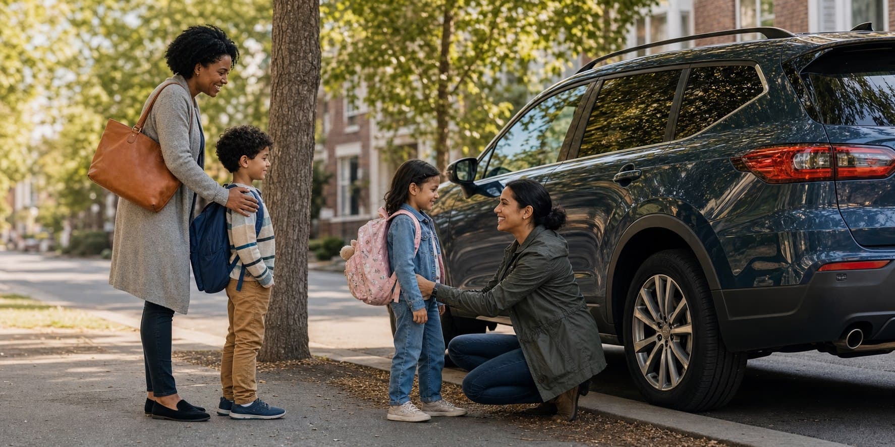 Two families coordinate a shared school journey beside a safely parked car.