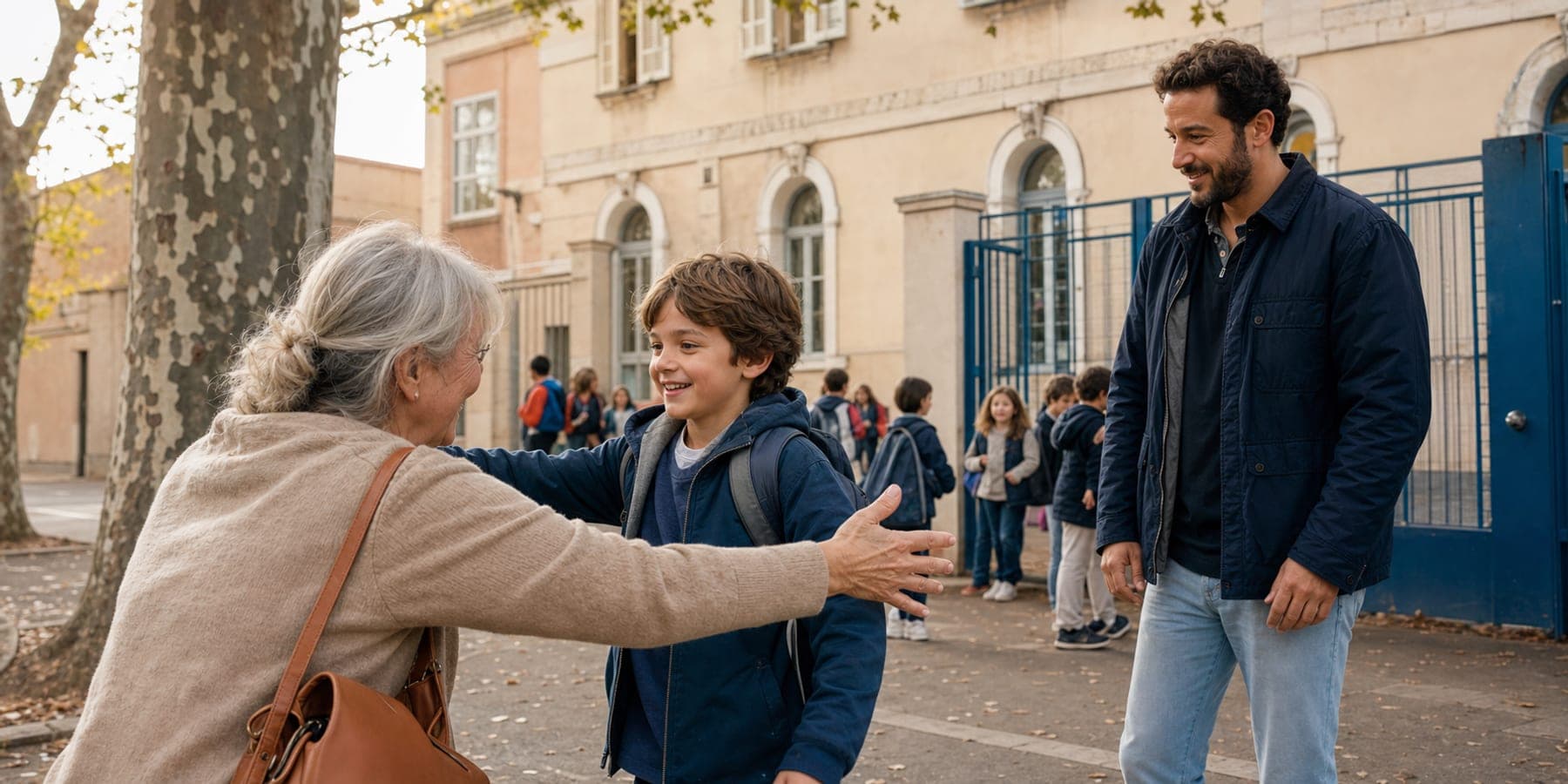 Une grand-mère retrouve son petit-fils à la sortie d’un accueil périscolaire sous la surveillance d’un animateur.
