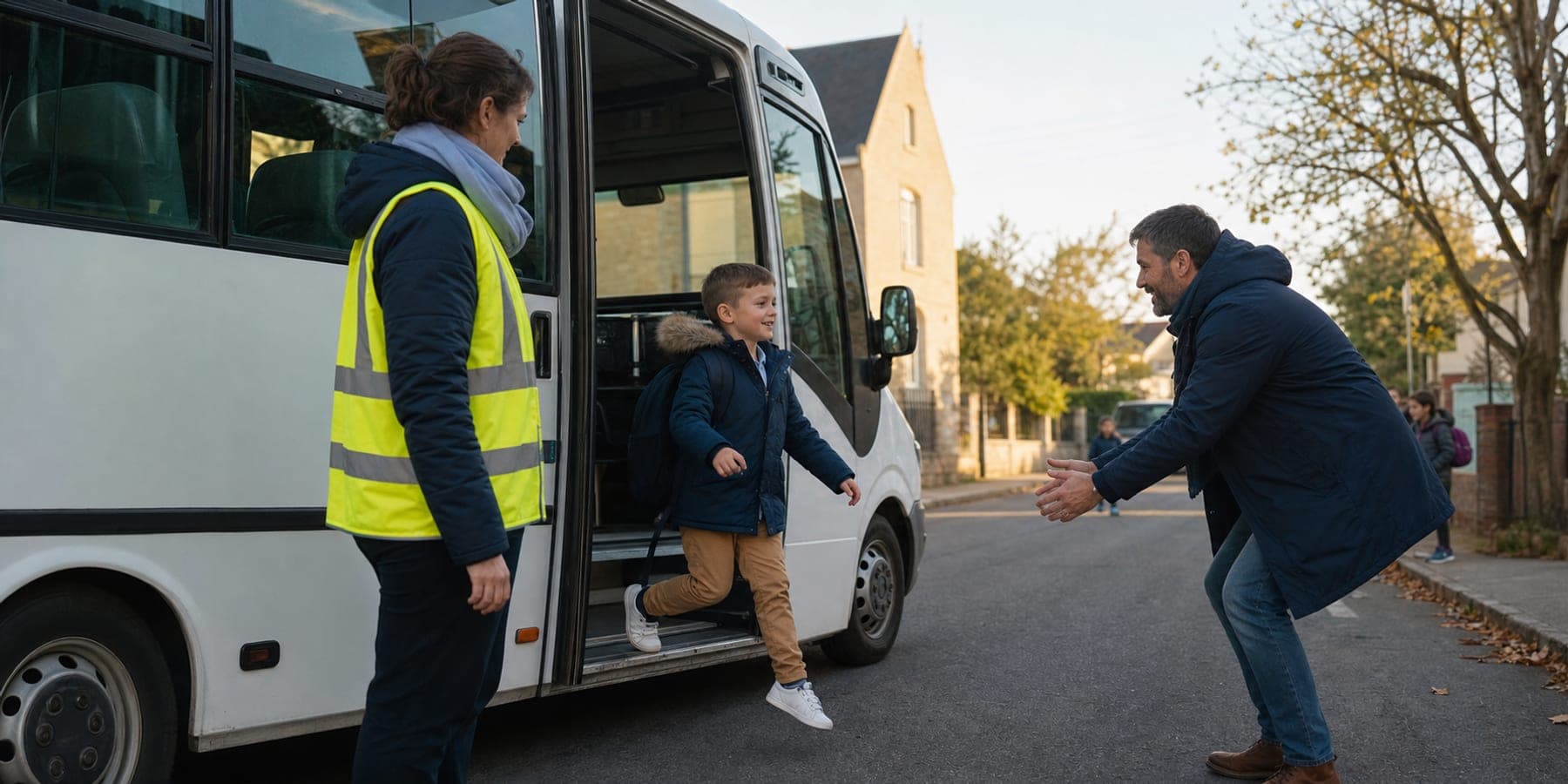 Un menor pasa del transporte escolar a la persona esperada bajo supervisión.