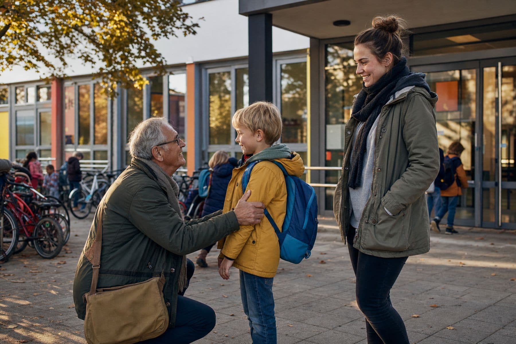 Ein Großvater holt ein Kind ab, während eine Hortmitarbeiterin die Übergabe an einer deutschen Grundschule begleitet.