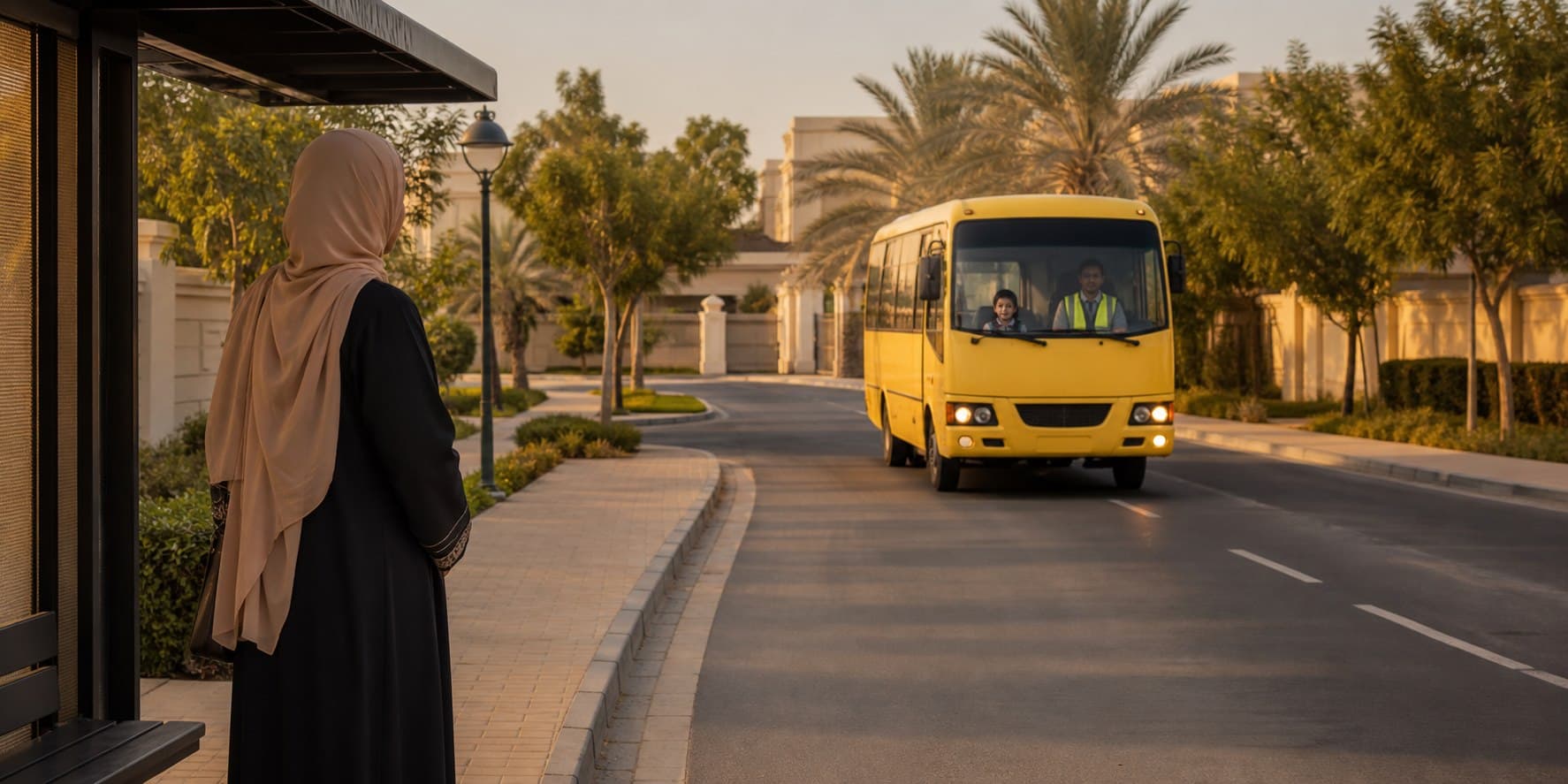 A guardian waits in a safe designated area as a school bus approaches.