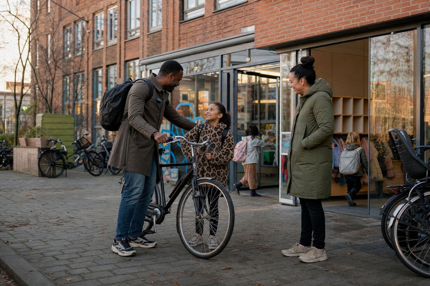Een vader haalt zijn dochter per fiets op bij een Nederlandse BSO terwijl een medewerker de overdracht begeleidt.