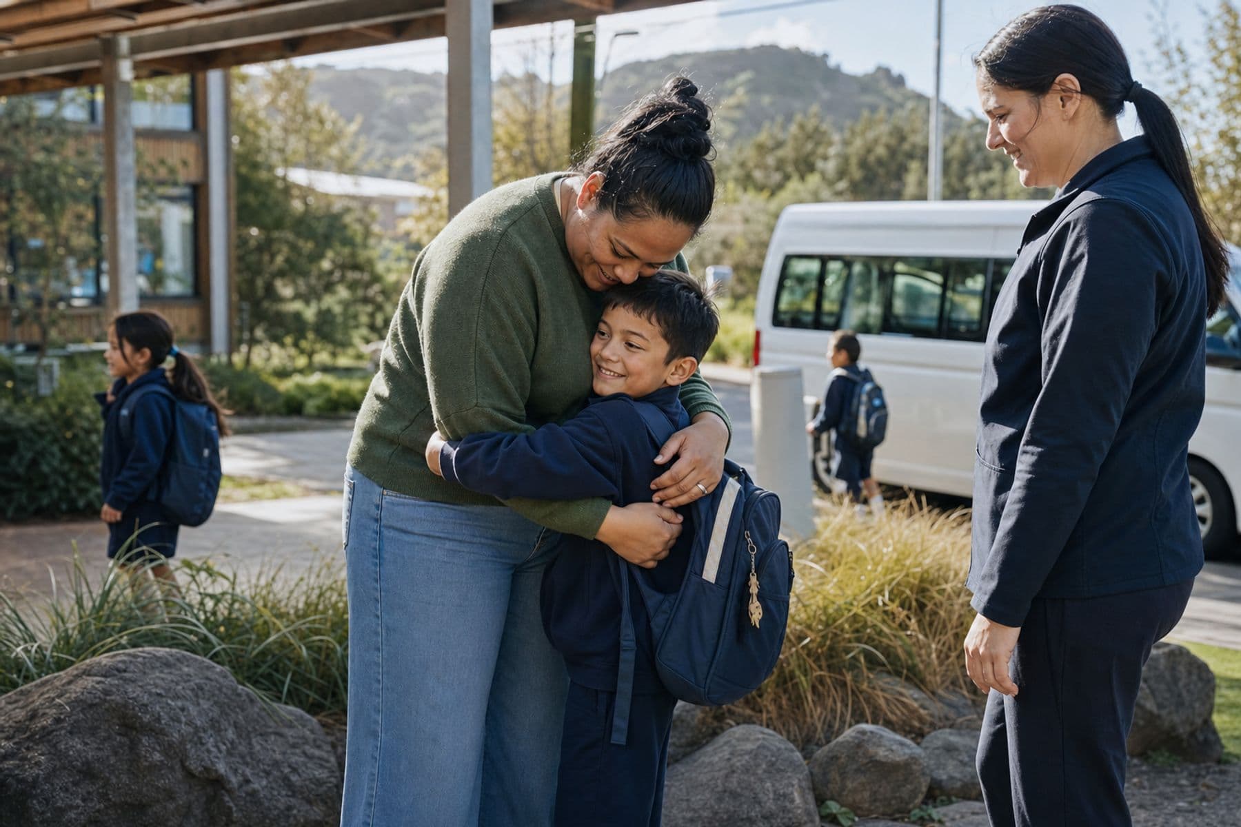 A mother reunites with her son while a staff member supervises pickup outside a New Zealand primary school.