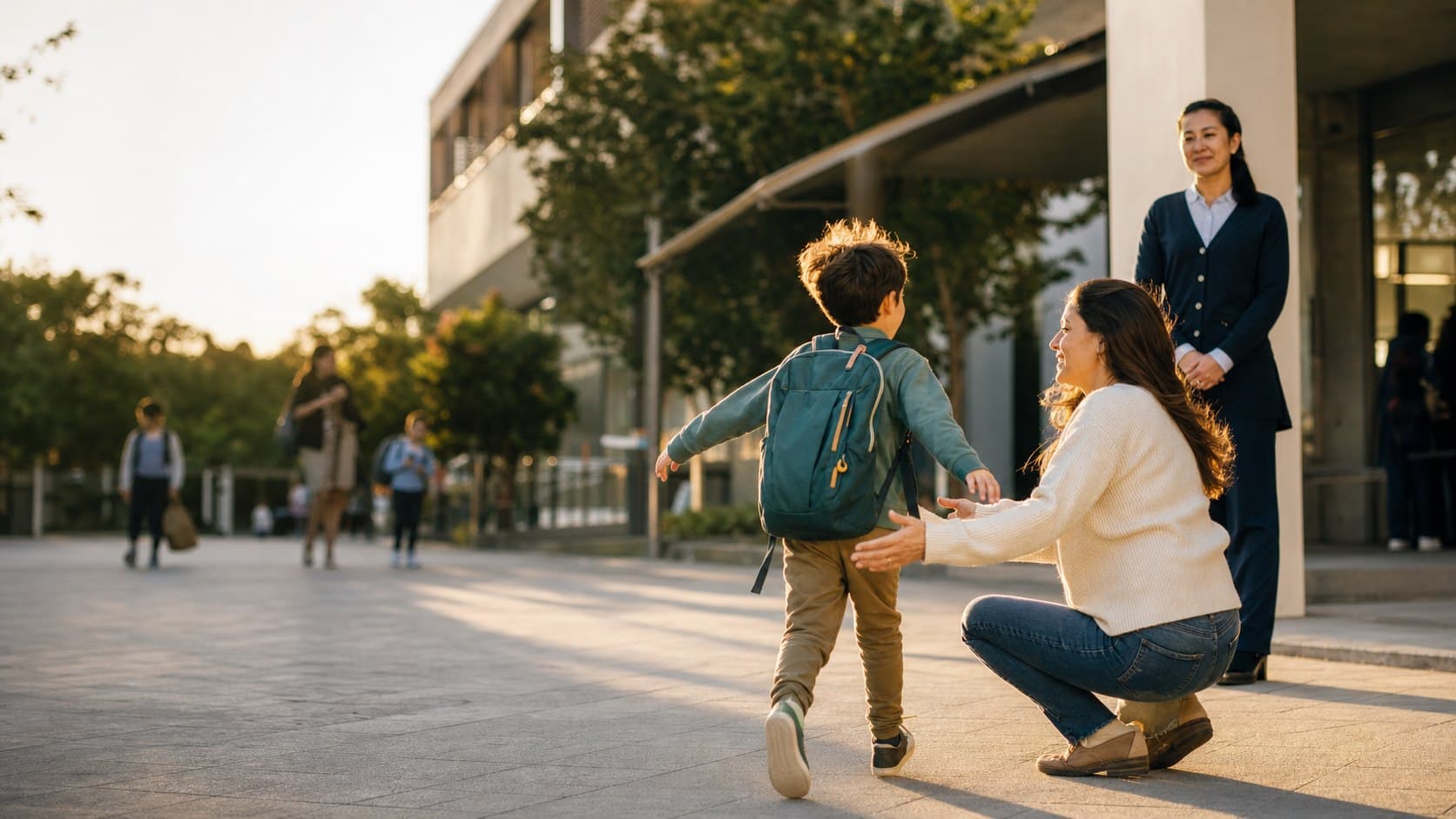 A child walks toward their waiting parent while a staff member calmly supervises the handover outside school.