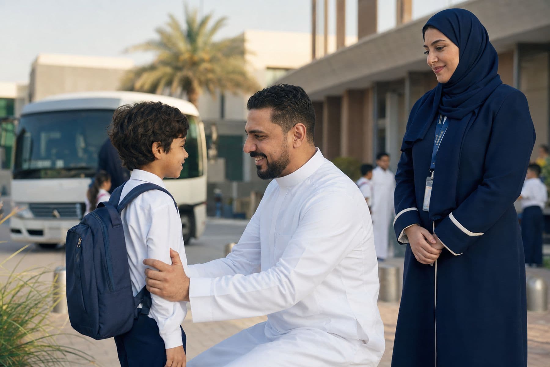 A parent receives a child during a supervised school handoff in Saudi Arabia.