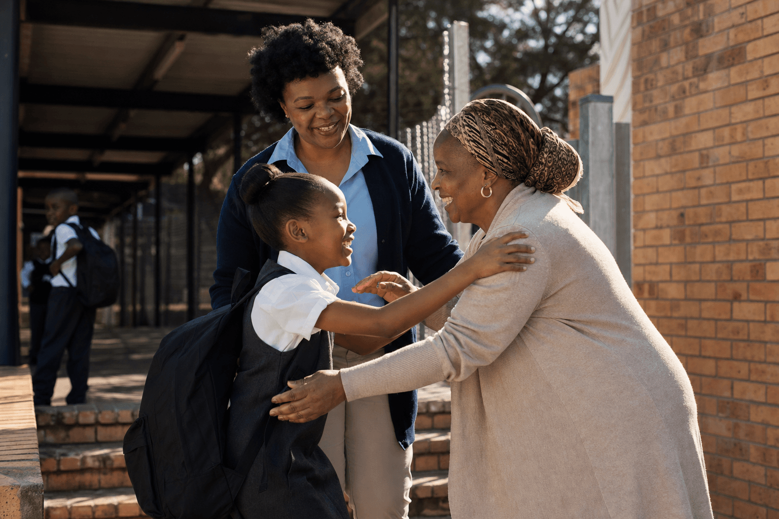A South African child reunites with her grandmother while school staff supervise the handoff.