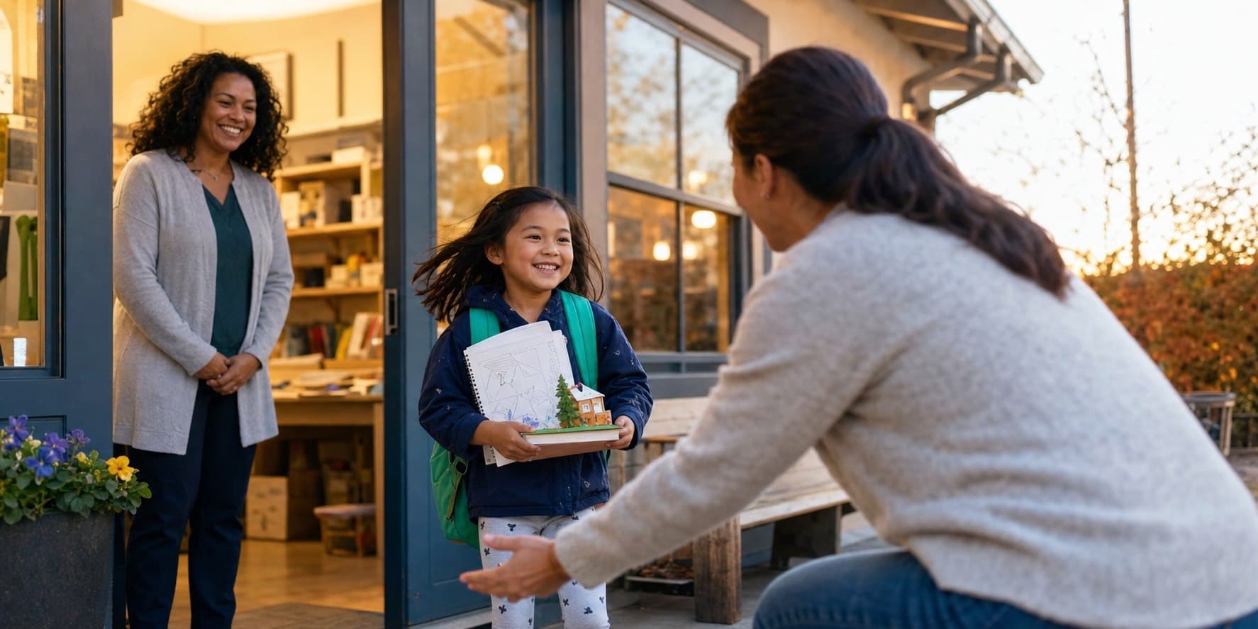 An instructor watches as a child leaves a learning center to meet their parent.
