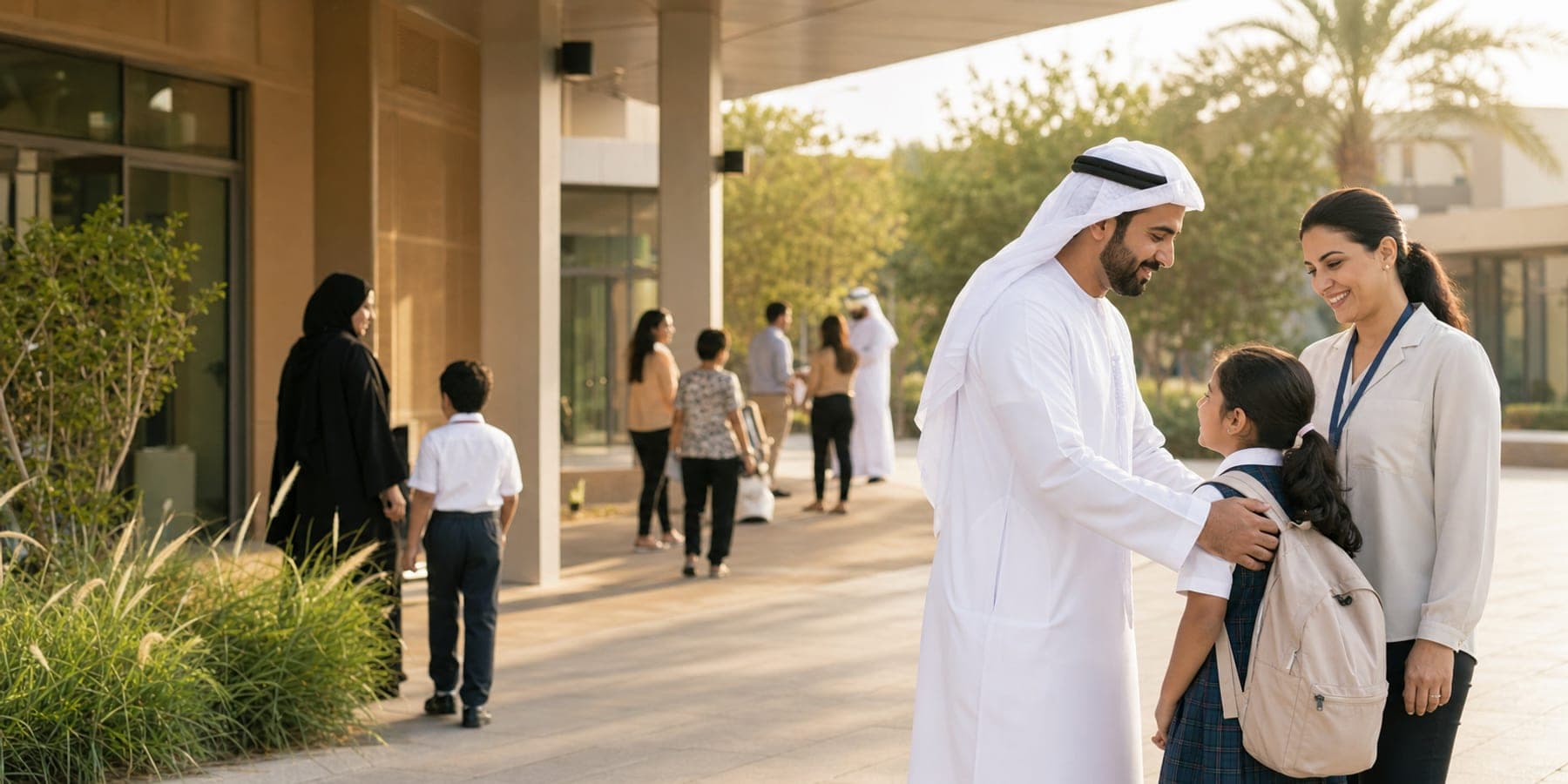 A parent receives a child during a supervised school handoff in Kuwait.