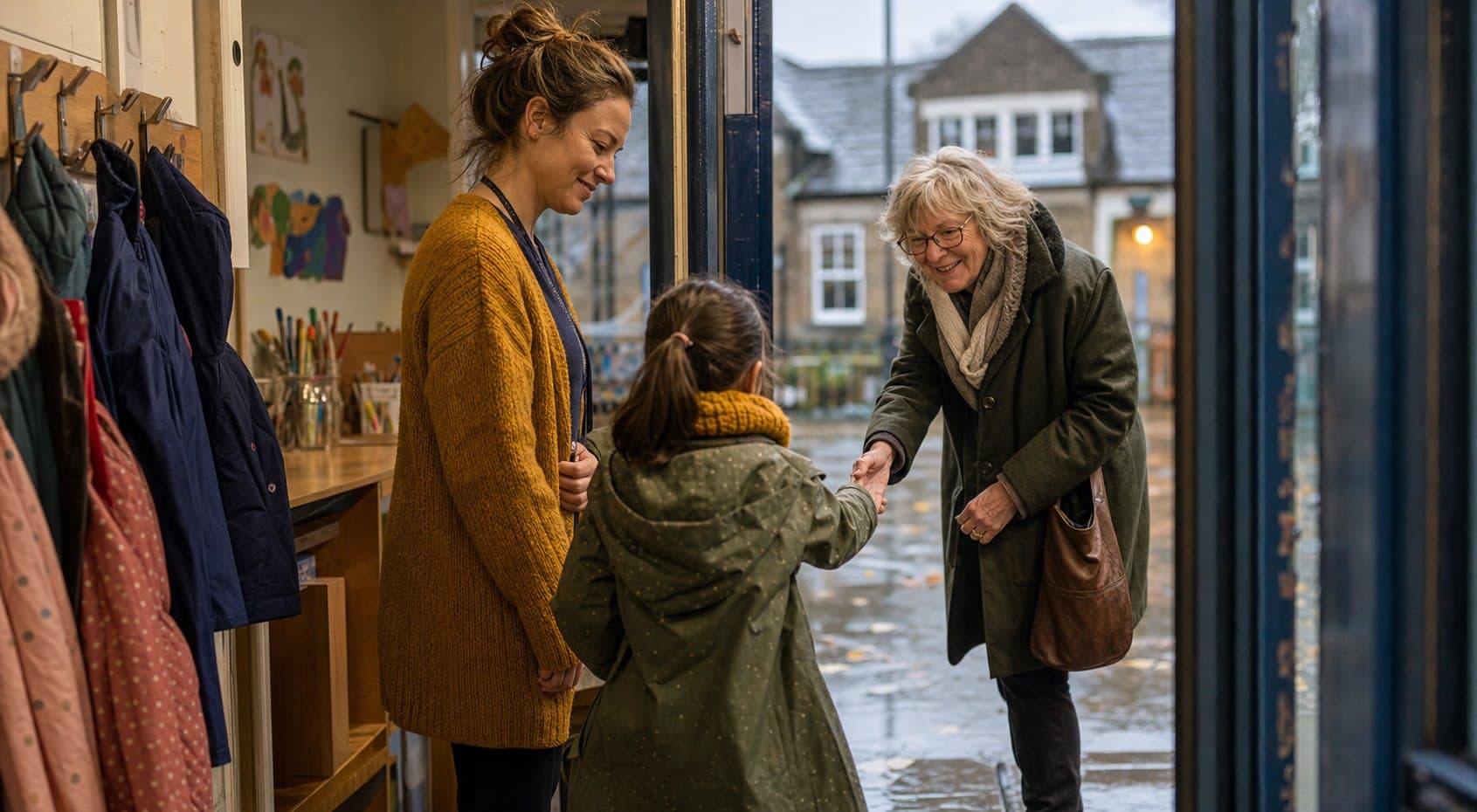 A child is collected by their grandparent from a British after-school setting.