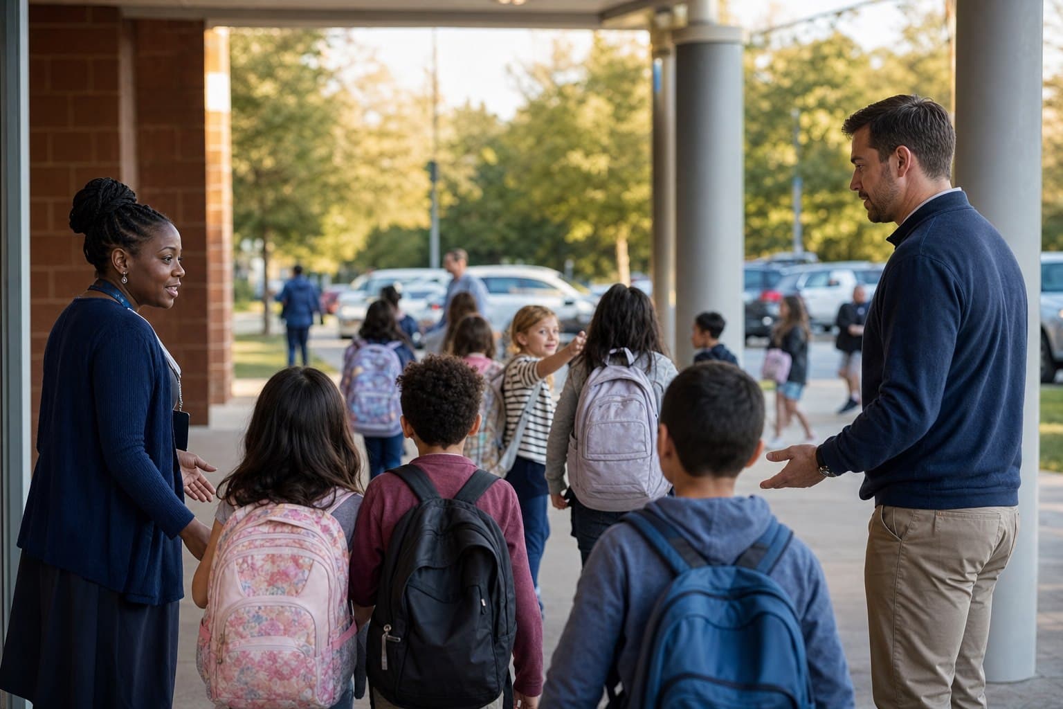 Children move through a supervised school pickup area in the United States.